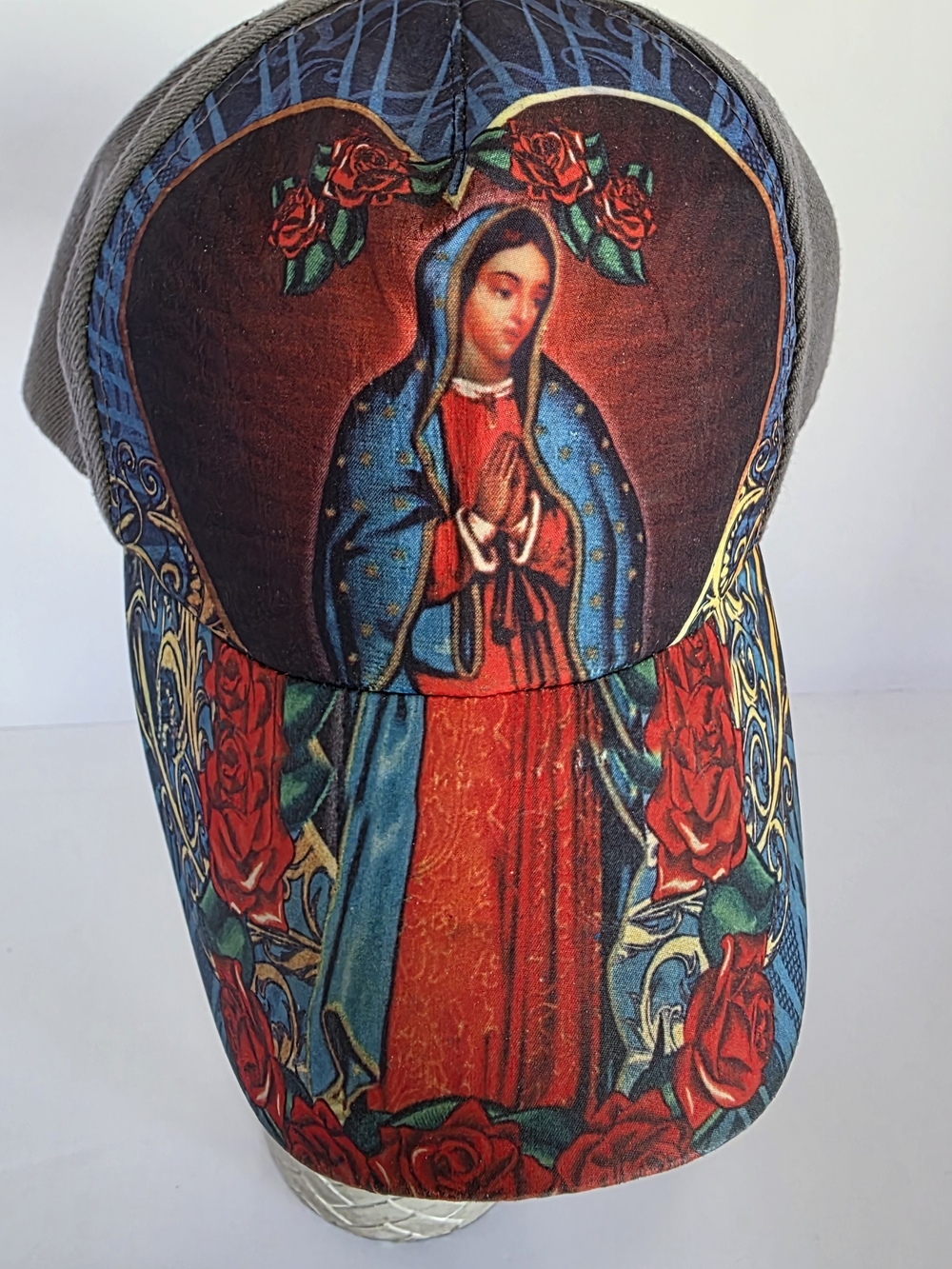 Religious Printed Baseball Cap in Red and Blue